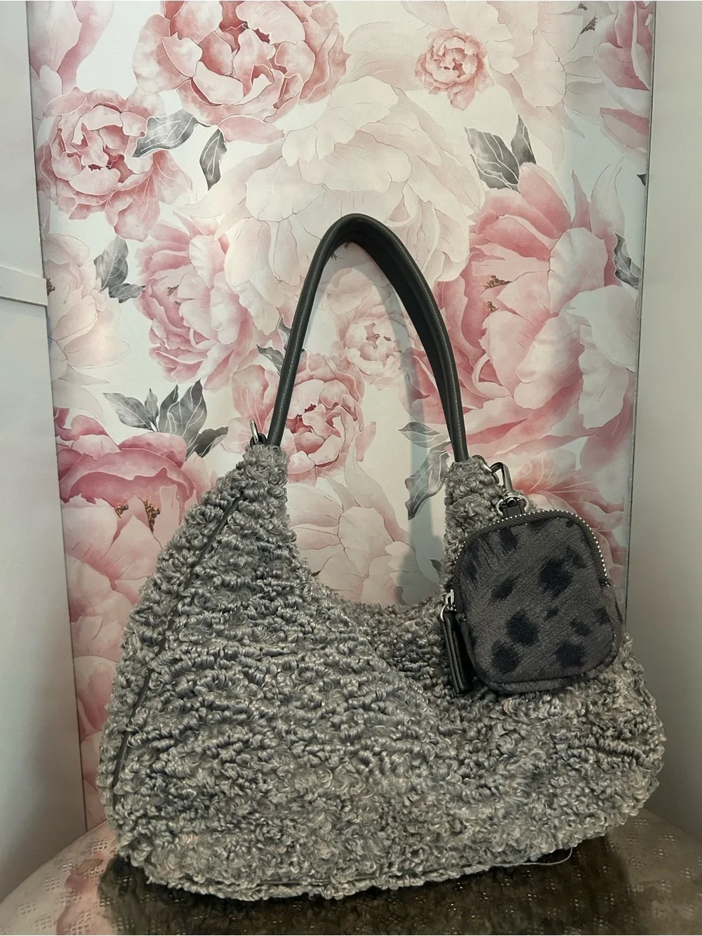 Gray Textured Shoulder Bag with Mini Pouch